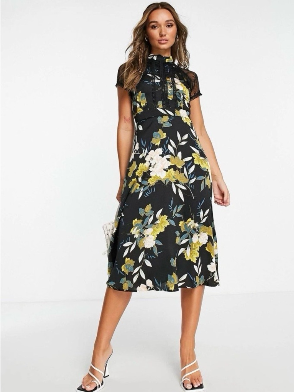 Liquorish Floral Midi Dress with Lace Yoke - Black Floral, Sz 6